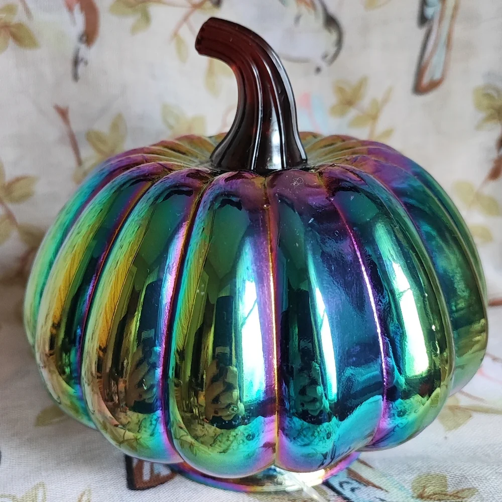 Iridescent Pumpkin Oil Slick Glass Desk Decoration Holiday Fall Halloween NWT